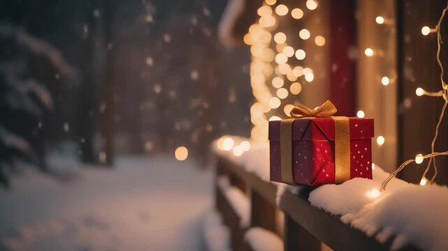 A beautifully wrapped red and gold gift box sits on a snow-covered railing, illuminated by warm fairy lights during a gentle snowfall. Aesthetic Christmas video background.