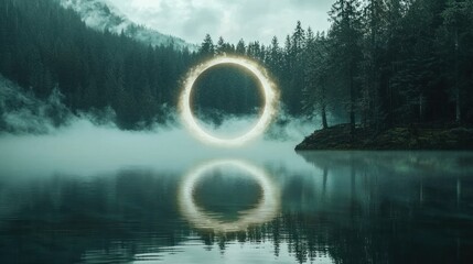 A mystical golden glowing ring hovers above a serene, misty lake reflecting the surrounding dark forest and mountains under a tranquil sky.