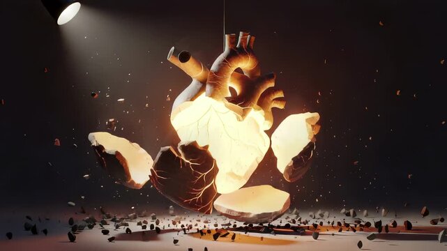 The Glowing Heart's Awakening: A human heart, illuminated from within, breaks free from its confining shell. Symbolic representation of rebirth, breaking boundaries, and transformation.