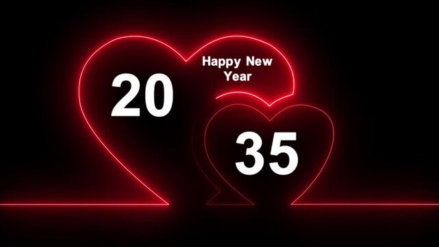 Romantic style new year 2035 text animation with glowing neon hearts. Abstract glowing neon valentines Two love heart symbol animation with happy new year celebration concept.