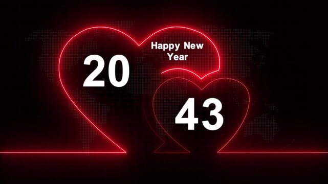 Romantic style new year 2043 text animation with glowing neon hearts. Abstract glowing neon valentines Two love heart symbol animation with happy new year celebration concept.