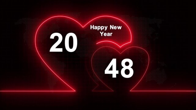 Romantic style new year 2048 text animation with glowing neon hearts. Abstract glowing neon valentines Two love heart symbol animation with happy new year celebration concept.