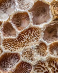 The image is a close-up macro shot showcasing the intricate, honeycomb-like internal structure of a mushroom