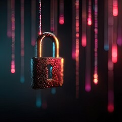 The image depicts a close-up of a padlock suspended in front of a dark background