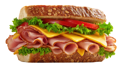 Ciabatta sandwich with lettuce, tomatoes prosciutto and cheese isolated on white background