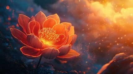 Vibrant orange lotus flower glowing against a mystical backdrop of warm, sparkling clouds and ethereal light, symbolizing purity and enlightenment.