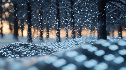 A magical winter forest scene with glowing binary code forming a path through snow-covered trees at sunset.