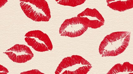Red lipstick kiss marks seamless pattern on textured paper. Red lipstick kiss marks covering a cream textured paper surface, creating a playful pattern