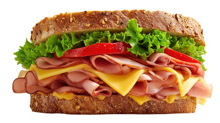 Ciabatta sandwich with lettuce, tomatoes prosciutto and cheese isolated on white background