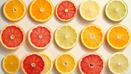 An Overhead Shot of Sliced Citrus Fruits Arranged in Rows on a White Background