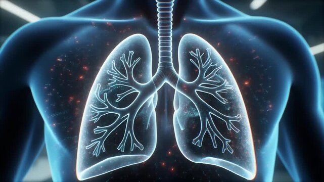 Anatomical illustration of the human respiratory system, highlighting the lungs and trachea in a glowing blue outline against a dark background.