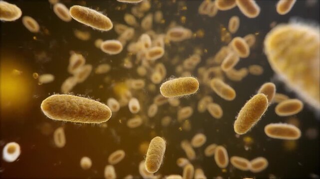 Microscopic view of numerous rod-shaped bacteria floating in a murky, yellowish liquid with a soft glow in the background.
