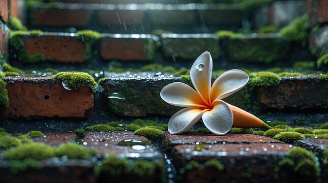 Fallen Frangipani Flower on Wet Mossy Brick Steps