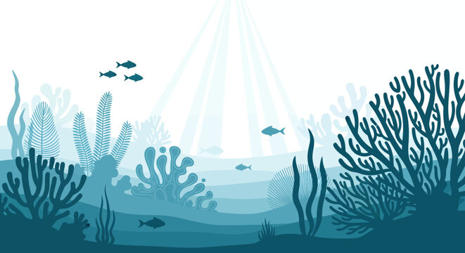 A serene vector illustration depicts a tranquil underwater scene with sunlight filtering through the water, illuminating coral reefs and marine life in a peaceful environment.