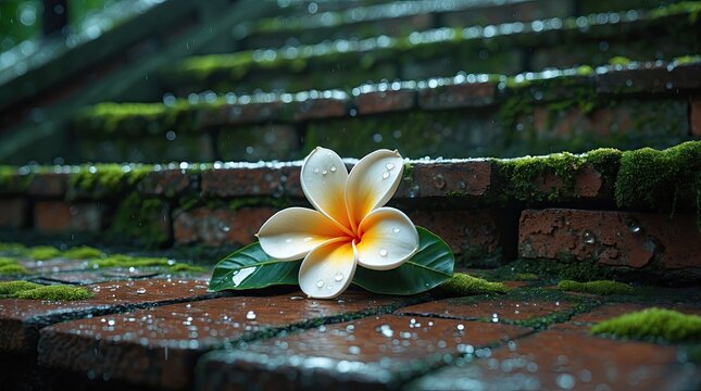 Fallen Frangipani Flower on Wet Mossy Brick Steps