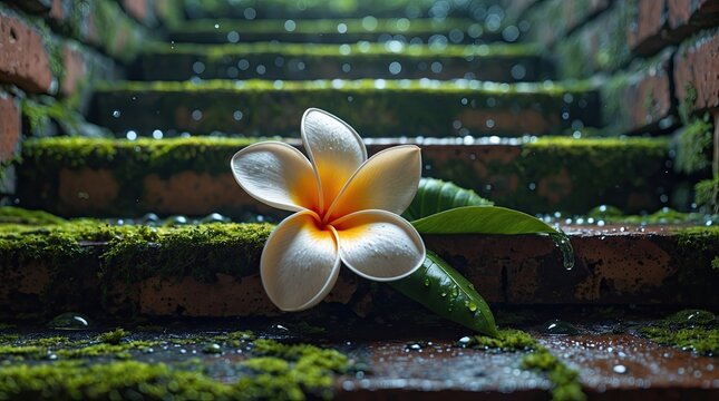 Fallen Frangipani Flower on Wet Mossy Brick Steps