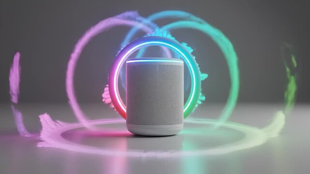 Smart Speaker Displaying Colorful Sound Waves and Neon Ring