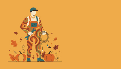 Fall maintenance man illustration holding wrench and cable next to pumpkins and autumn leaves © Italia