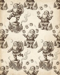 Seamless vintage Christmas pattern with Santa Claus characters, gifts and reindeer, hand drawn festive illustration for holiday wallpaper, wrapping paper, and seasonal design