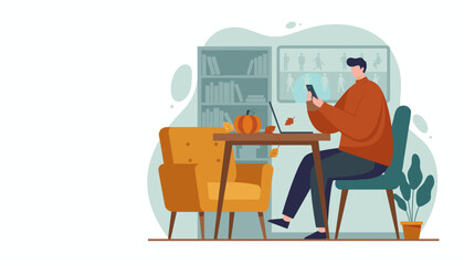 Fototapeta premium Man uses smartphone while working from home in a cozy autumnal office setting