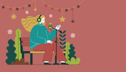 Woman recording a festive winter podcast outside Flat design illustration for holiday broadcasting and digital audio