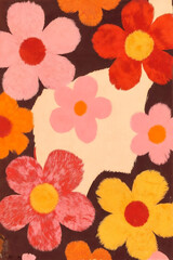 Vibrant Retro Fuzzy Flowers: Warm Color Psychedelic Floral Pattern in Tufted Style on Dark Brown Background for Groovy Wallpaper and Textile Art