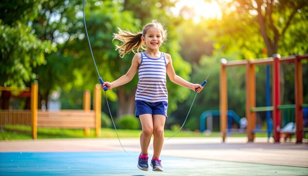 Joyful Girl Mid-Jump, Skipping Rope in a Sun-Drenched Park Playground
