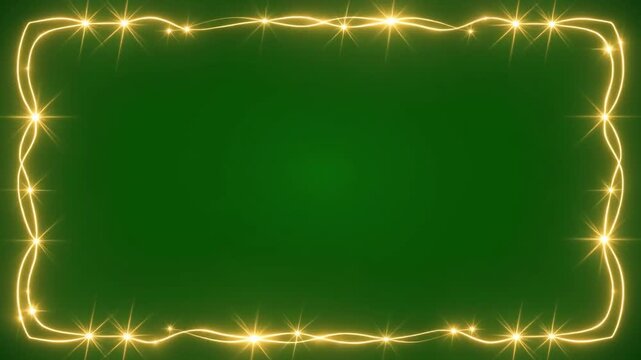 A festive golden string of lights forms a decorative border around a deep green background, evoking a celebratory or holiday mood.