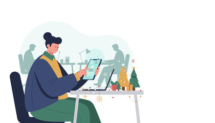 Professional working on tablet at a Christmasdecorated office desk Holiday workflow illustration