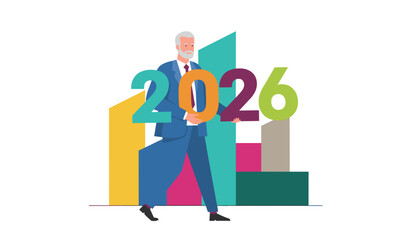 Businessman carries 2026 numerals against a financial bar chart representing future growth and new year planning