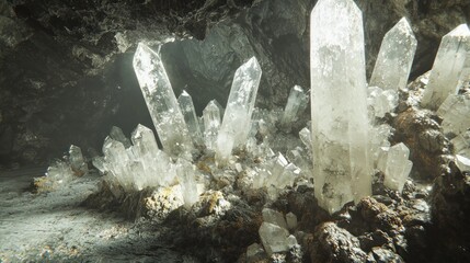 Close-up view of numerous clear quartz crystals growing from the dark cave floor, illuminated by a soft light.
