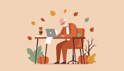 Professional senior man focused on work at his desk embracing the cozy autumn season
