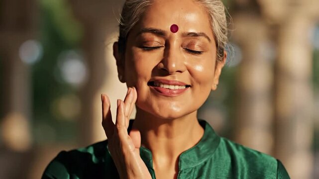 Mature Indian Woman with Bindi and Gray Hair Smiling Gracefully.