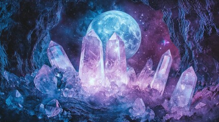 Mystical cave filled with glowing purple and blue crystals under a cosmic moonlit sky.