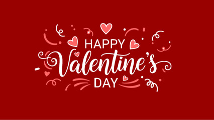 Festive romantic greeting card design for a special occasion, featuring elegant script lettering and decorative heart illustrations on a vibrant red background