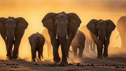 A powerful herd of African elephants, including a young calf, traverses the golden, dusty savanna at dawn, creating a majestic and breathtaking wildlife scene