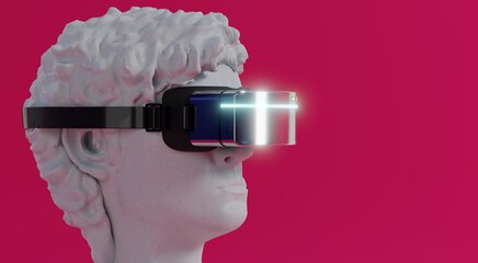 David sculpture wearing VR glasses - side view - 3D illustration