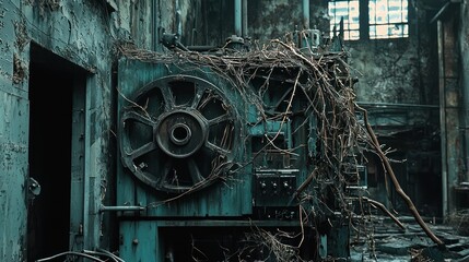 Abandoned industrial machinery covered in overgrown vines inside a decaying factory building.