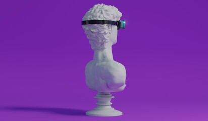 David sculpture wearing VR glasses - back view - 3D illustration