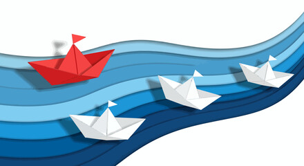 A vector illustration presents a dynamic scene of paper boats sailing on a wavy blue sea, creating a captivating background with a sense of leadership.