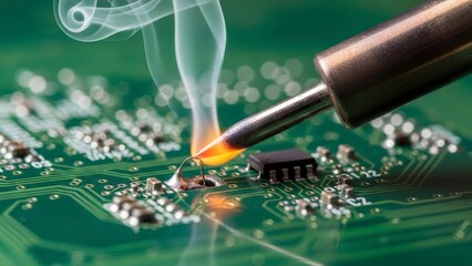 Close-up of Soldering Iron Melting Solder on a Circuit Board.