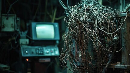 A close-up of a tangled mass of old electrical wires and cables in a dark, cluttered industrial setting with a vintage CRT monitor in the background.