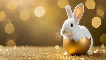 A cute white bunny coming out of an opened golden egg on empty light color background.