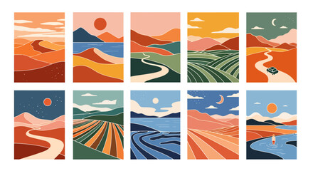 A collection of minimalist vector landscape illustrations showcasing diverse natural scenes, from deserts and seascapes to agricultural fields, rendered in a modern, artistic style.