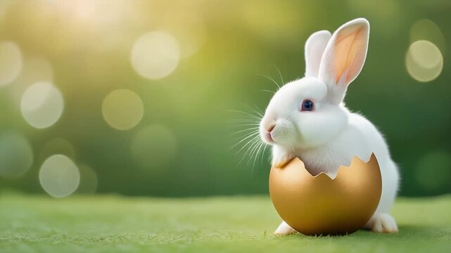 A cute white bunny coming out of an opened golden egg on empty light color background.