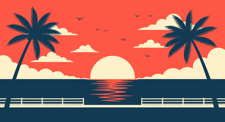A serene vector illustration captures a tranquil sunset over the sea, featuring palm trees silhouetted against a vibrant sky, creating a peaceful tropical background.