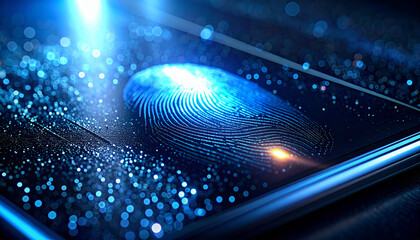 Digital Fingerprint Security: A glowing digital fingerprint illuminates the screen of a futuristic smartphone, representing advanced security and identification.