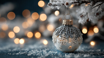Christmas ornament hanging from snowy tree branch with blurred festive lights in background.
