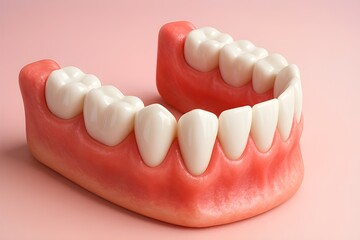 Obraz premium Human lower jaw model with white teeth, 3D illustration of dental anatomy for oral health education, professional stomatology concept on pink background, prosthetic dentistry and tooth restoration.