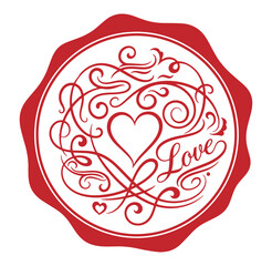 Red heart shaped love symbol with swirling lines and text on white background